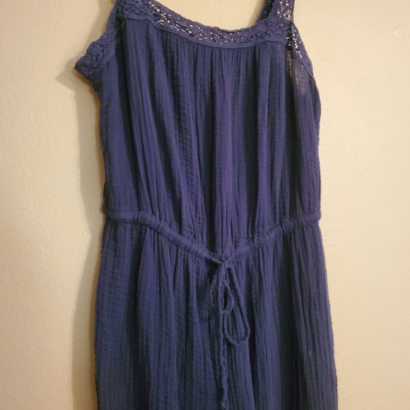 MICHAEL STARS Jodi Navy Blue Gauzy Cotton Cinch Waist Crochet Detail Jumpsuit L - Picture 4 of 12